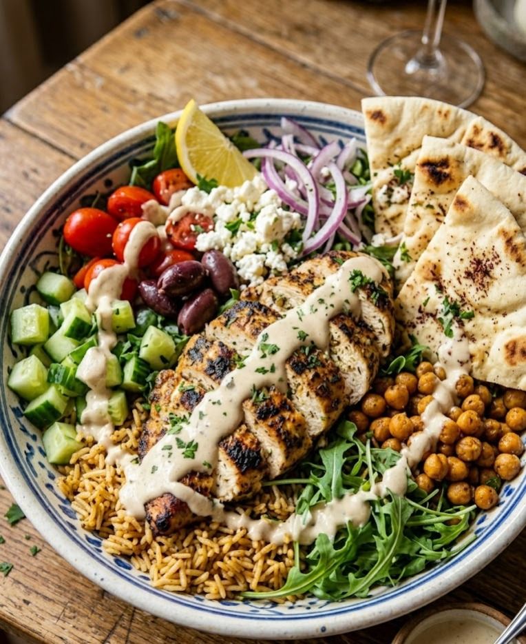 Mediterranean Chicken Pita Bowl with Garlic Tahini Sauce