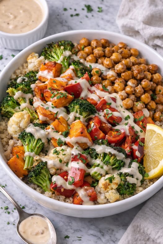 Golden Roasted Vegetable & Chickpea Harmony Bowl with Creamy Tahini Drizzle