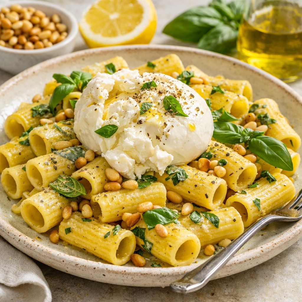 Lemon Basil Rigatoni with Burrata & Roasted Pine Nuts